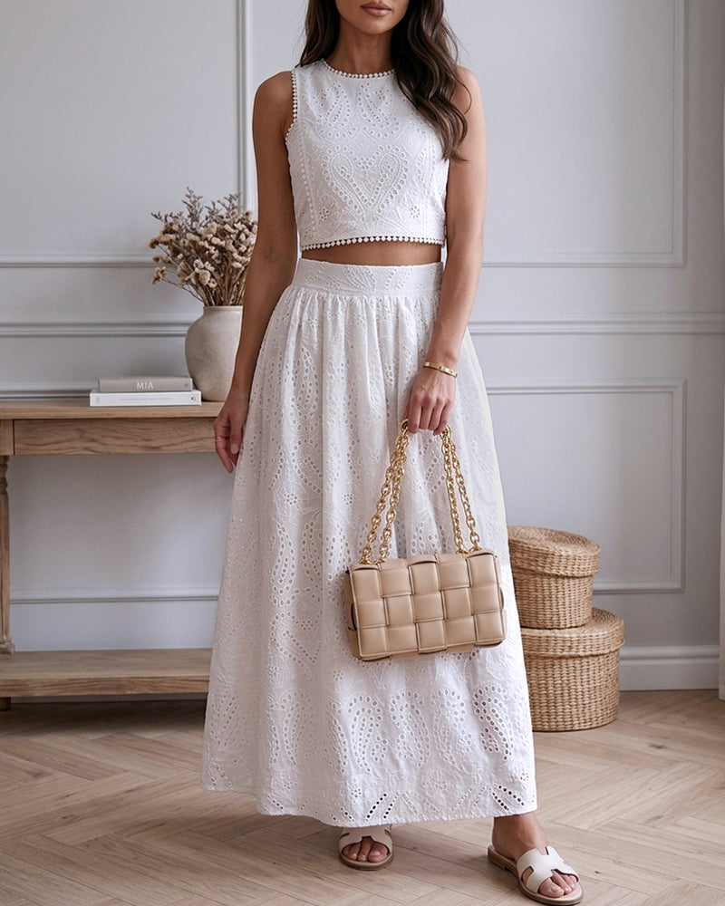 2 Pieces Outfit Sleeveless Hollow-out Back Zipper Side Crop Top and Casual High Waist Elastic Back Waist A Line Skirt Set Casual Lace Hollow Out Pattern Set - Image 5