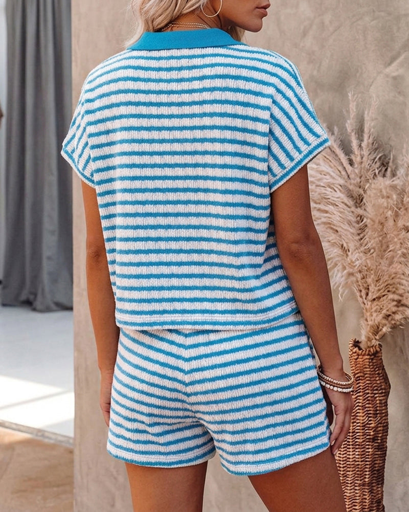 Women's Stripe Textured Two Piece Outfits Polo Top and Drawstring High Waisted Shorts Casual Lounge Set - Image 2