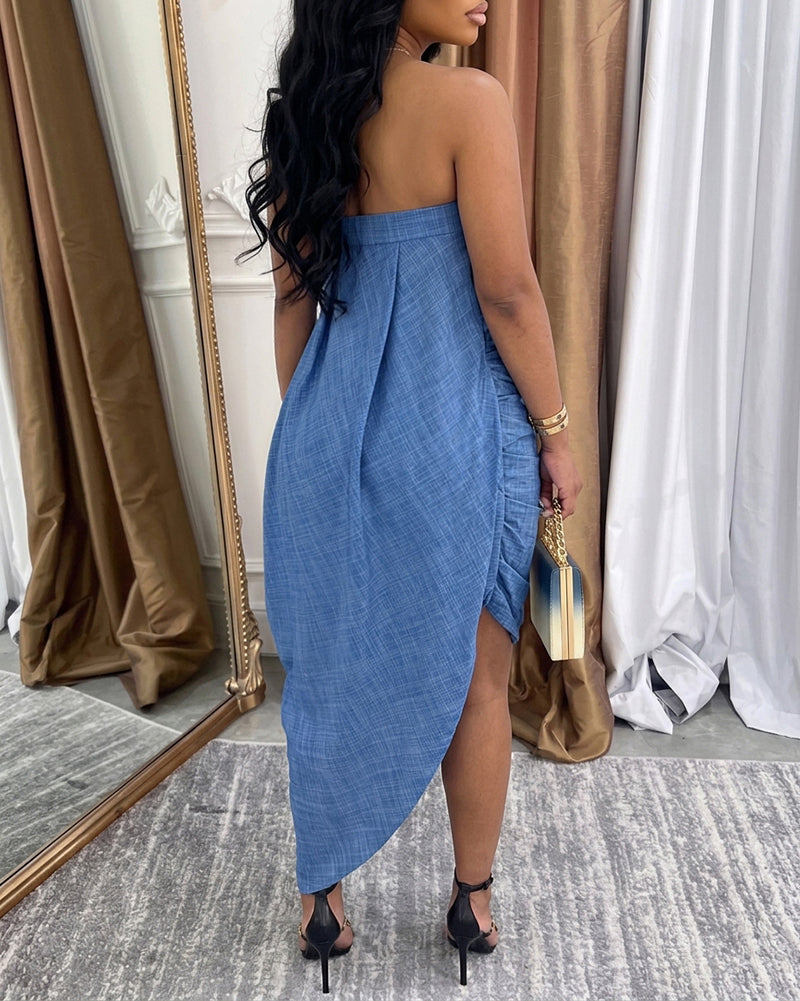 Women's Faux Denim Print Tube Dress Sexy Strapless Ruched Bodycon Dress Asymmetrical Layered Hem Vacation Sundress - Image 2