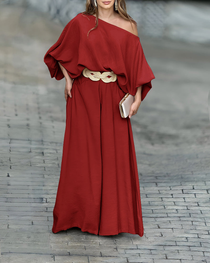 2 Pieces Outfit Turn-down Coll Long Sleeve Button Front Satin Shirt and Casual Vintage Floral Print Elastic Back Waist Wide Leg Pants Set without Belt - Image 21
