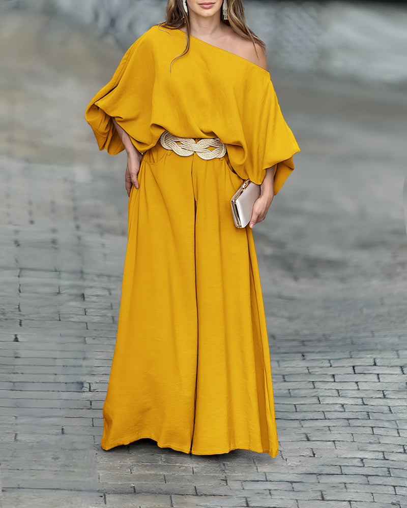 2 Pieces Outfit Turn-down Coll Long Sleeve Button Front Satin Shirt and Casual Vintage Floral Print Elastic Back Waist Wide Leg Pants Set without Belt - Image 24