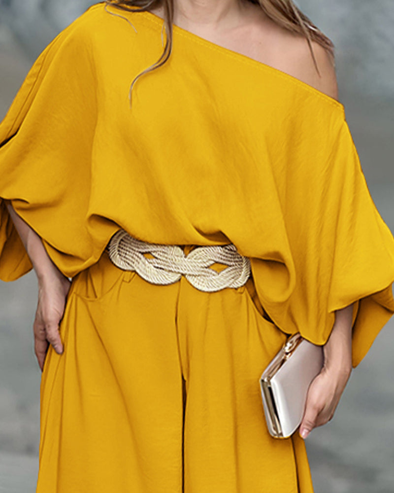 2 Pieces Outfit Turn-down Coll Long Sleeve Button Front Satin Shirt and Casual Vintage Floral Print Elastic Back Waist Wide Leg Pants Set without Belt - Image 26