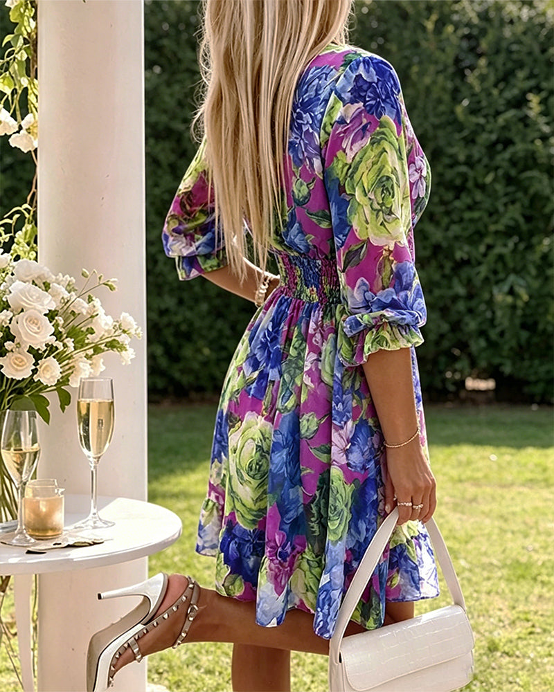 Floral Print Overlap V Neck Long Sleeve Shirred Waist Ruffle Hem Dress Casual Cinched Waist Flared Cuffs Chiffon Vacation Dress with Lining - Image 2