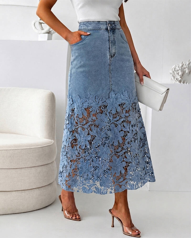 Women's Guipure Lace Spliced Denim Skirt High Waisted Jean Skirt French-Style Casual Skirt - Image 3