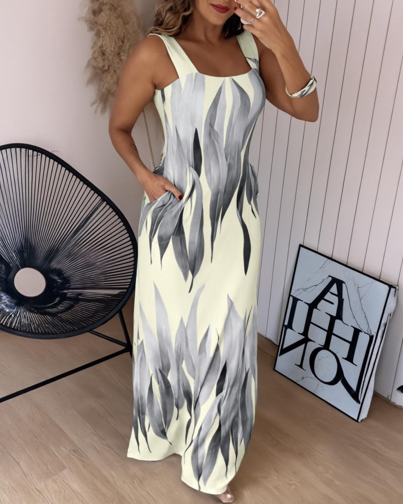 Plants Print Square Neck Thick Strap Maxi Dress Casual Slim Fit Side Slit Vacation Dress with Pockets - Image 14