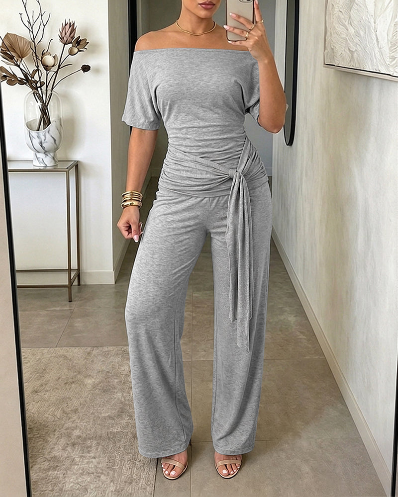 Women's Skew Neck 2 Piece Outfits Ruched Tie Waist Short Sleeve Top and High Waisted Wide Leg Pants Lounge Set - Image 3