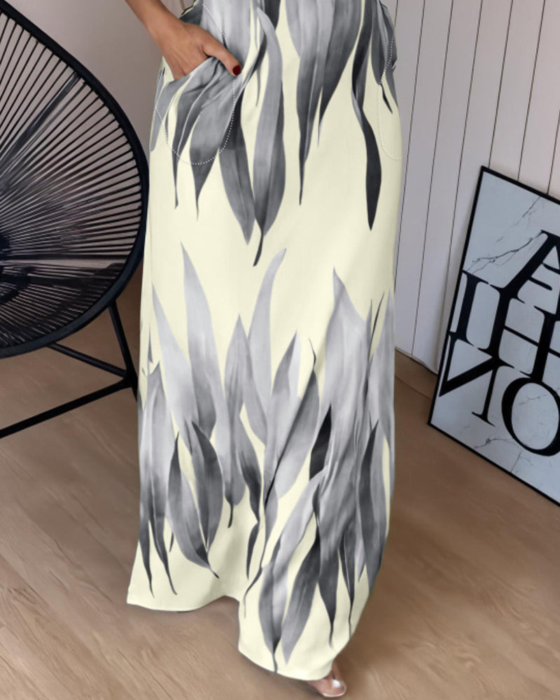 Plants Print Square Neck Thick Strap Maxi Dress Casual Slim Fit Side Slit Vacation Dress with Pockets - Image 16