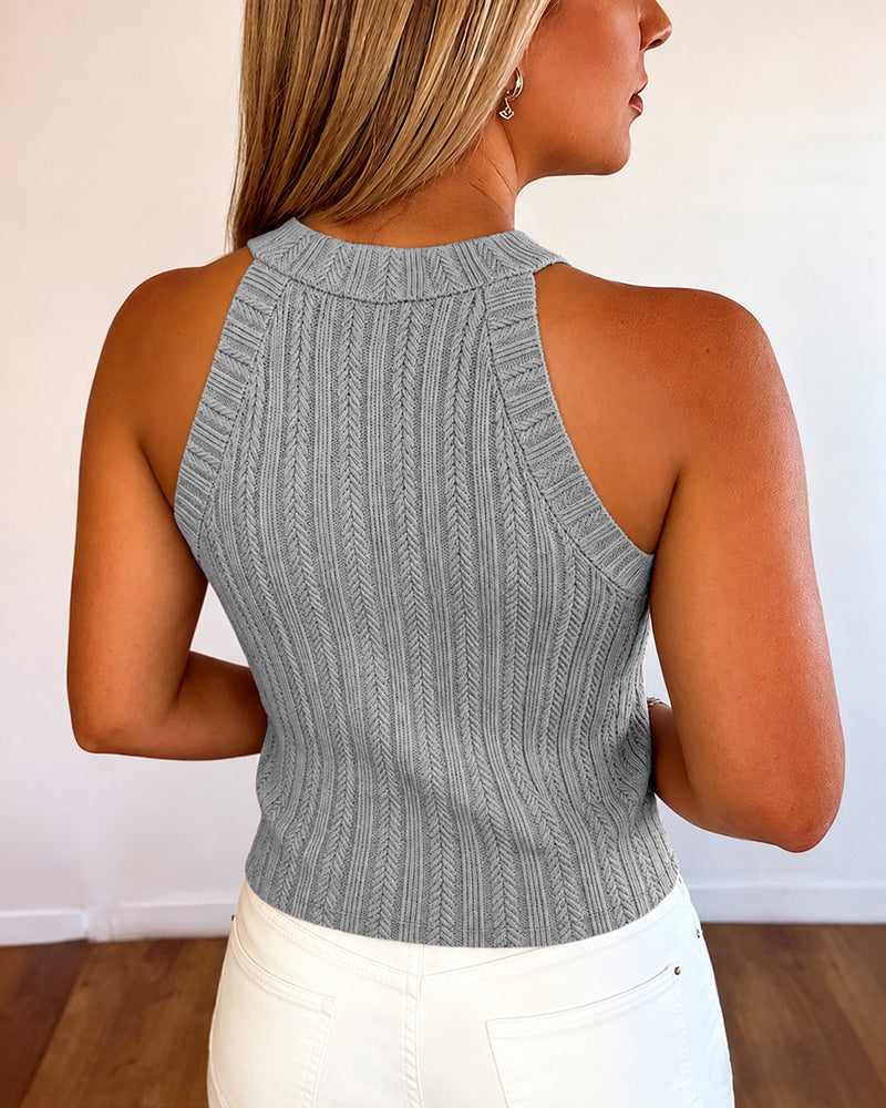 Women's Halter Neck Knit Tank Top Gold Button Cable Knit Vest Sleeveless Slim Fit Ribbed Top - Image 13