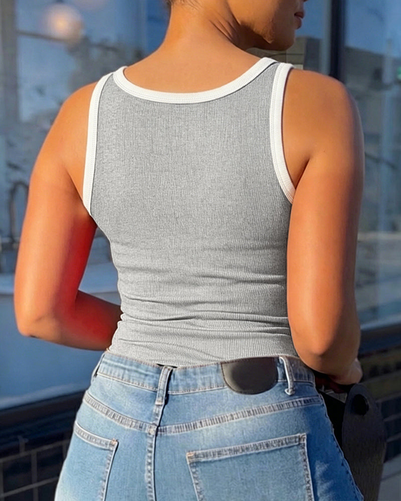 Women's Contrast Binding Camisole Rib-Knit Slim Fit Tank Top Sexy Cami with Metal Buckle Straps - Image 5