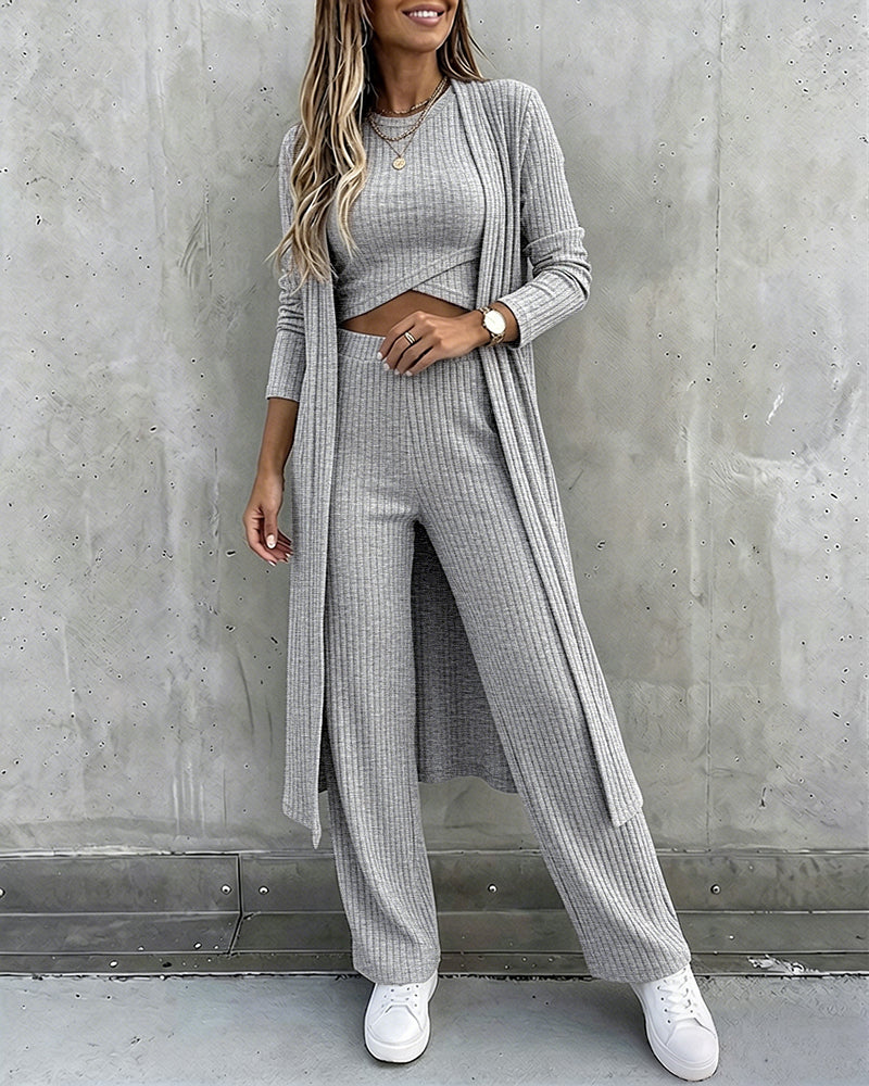 Women's 3 Piece Knit Set Long Cardigan Criss Cross Crop Tank Top and Wide Leg Pants Casual Ribbed Brushed Lounge Set - Image 20