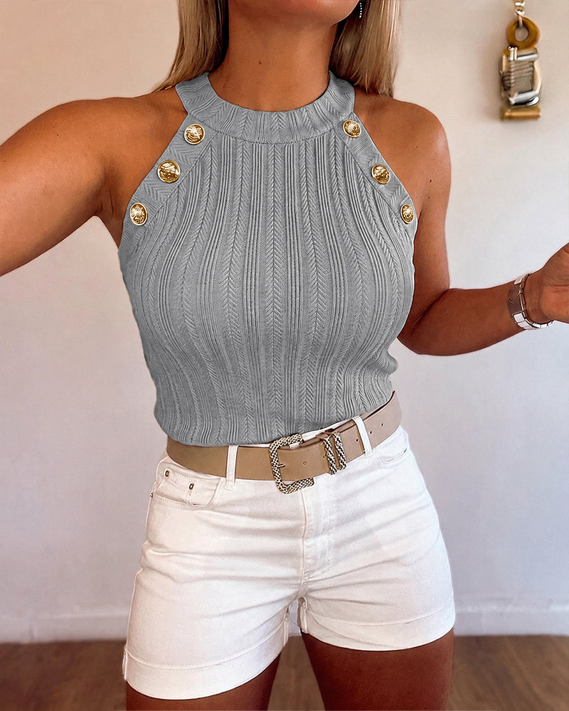 Women's Halter Neck Knit Tank Top Gold Button Cable Knit Vest Sleeveless Slim Fit Ribbed Top - Image 16
