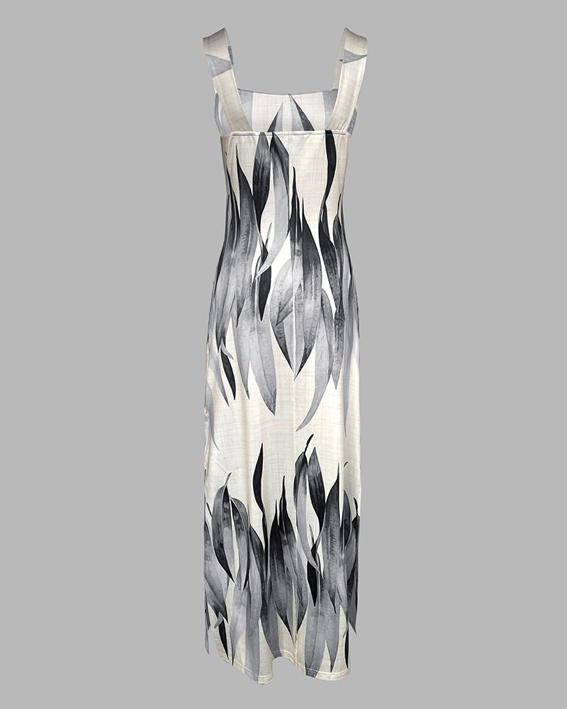 Plants Print Square Neck Thick Strap Maxi Dress Casual Slim Fit Side Slit Vacation Dress with Pockets - Image 18