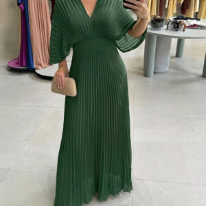 Deep V-Neck Batwing Sleeve High Waist Pleated Maxi Dress Casual Cinched Waist Backless Tied Detail Zipper Back Evening Dress