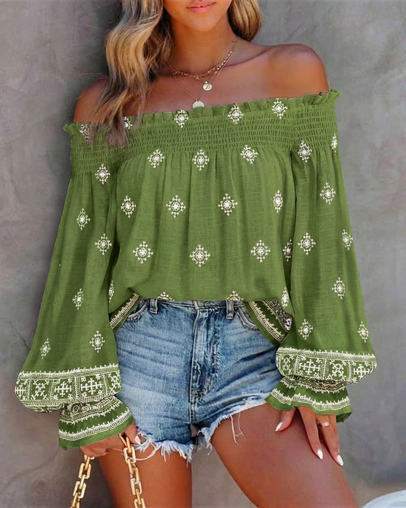 Vintage Tribal Placement Print Shirred Off Shoulder Flared Cuffs Blouse Casual Frill Trim Boho Top - Image 4