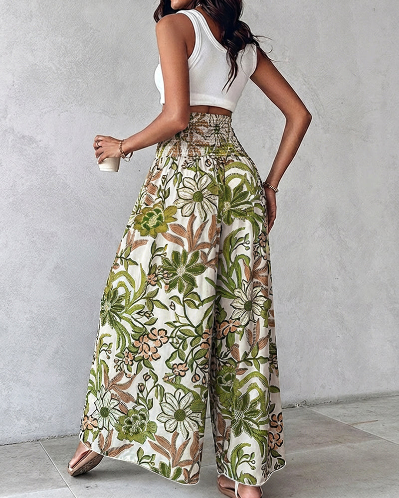Vintage Floral Print High Waist Shirred Elastic Waist Wide Leg Pants - Image 10
