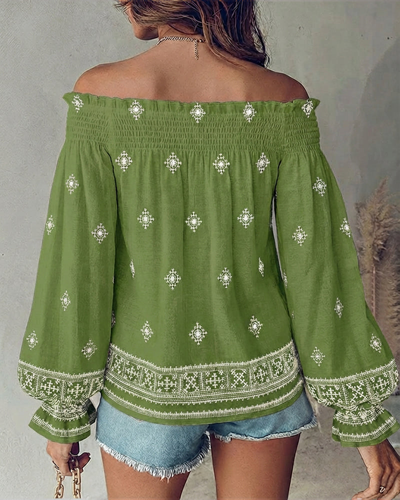 Vintage Tribal Placement Print Shirred Off Shoulder Flared Cuffs Blouse Casual Frill Trim Boho Top - Image 5