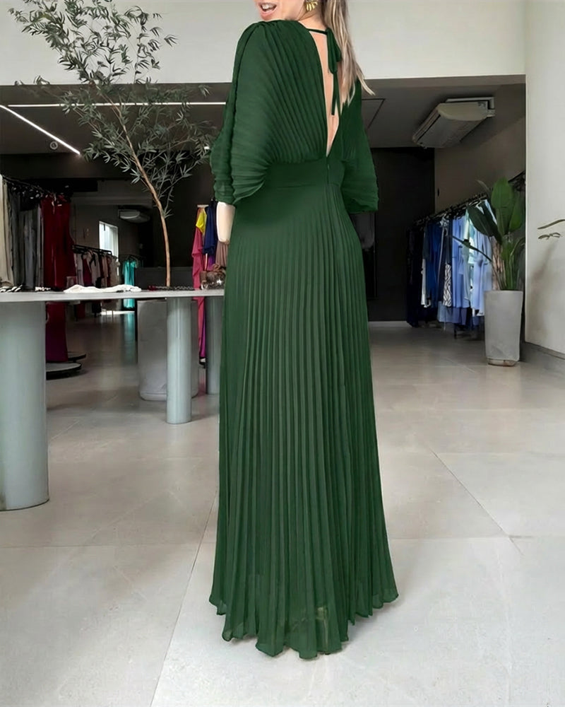 Deep V-Neck Batwing Sleeve High Waist Pleated Maxi Dress Casual Cinched Waist Backless Tied Detail Zipper Back Evening Dress - Image 2