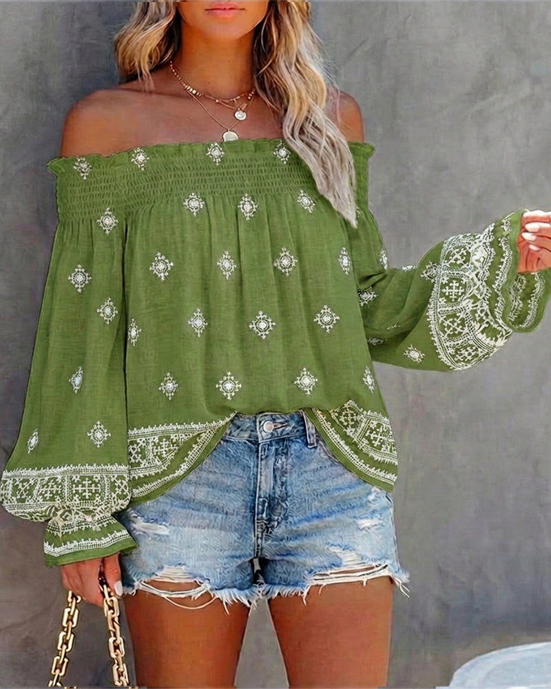 Vintage Tribal Placement Print Shirred Off Shoulder Flared Cuffs Blouse Casual Frill Trim Boho Top - Image 6