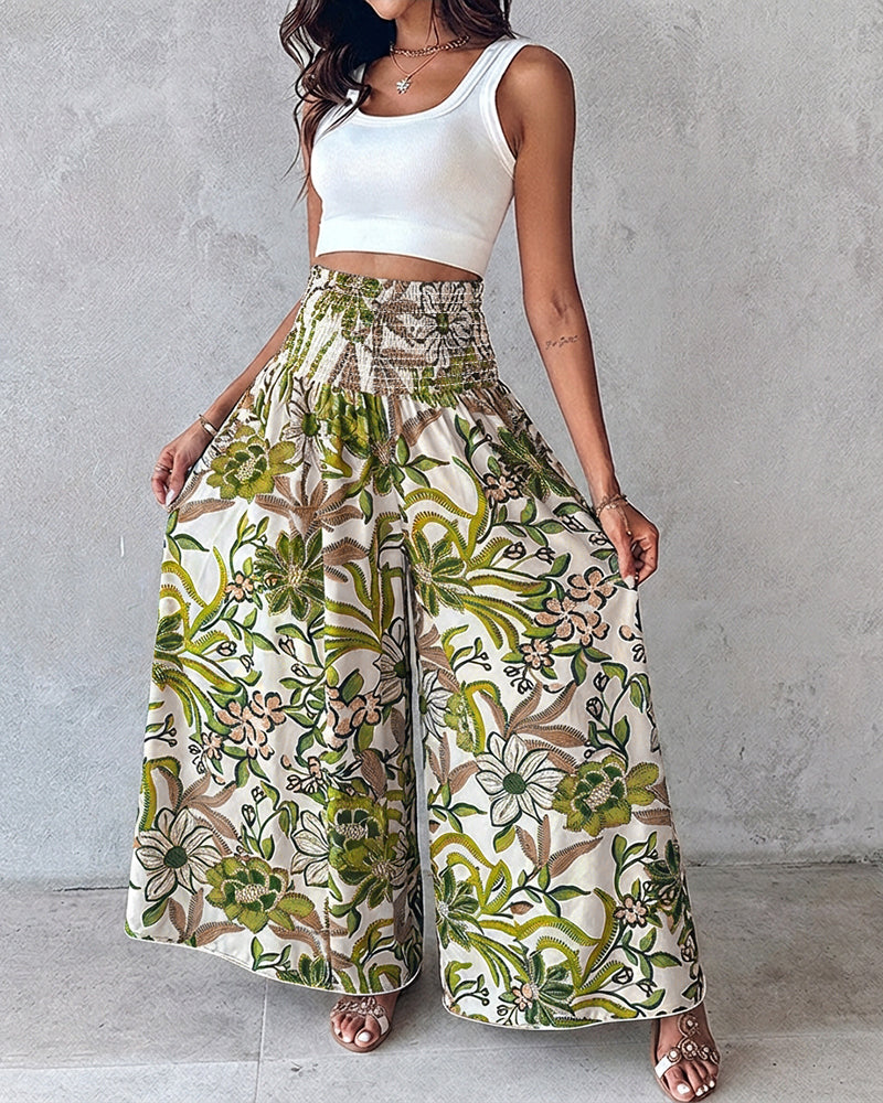 Vintage Floral Print High Waist Shirred Elastic Waist Wide Leg Pants - Image 11