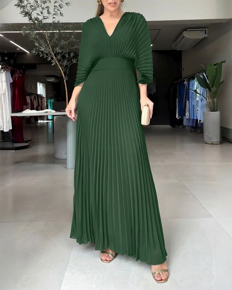 Deep V-Neck Batwing Sleeve High Waist Pleated Maxi Dress Casual Cinched Waist Backless Tied Detail Zipper Back Evening Dress - Image 3