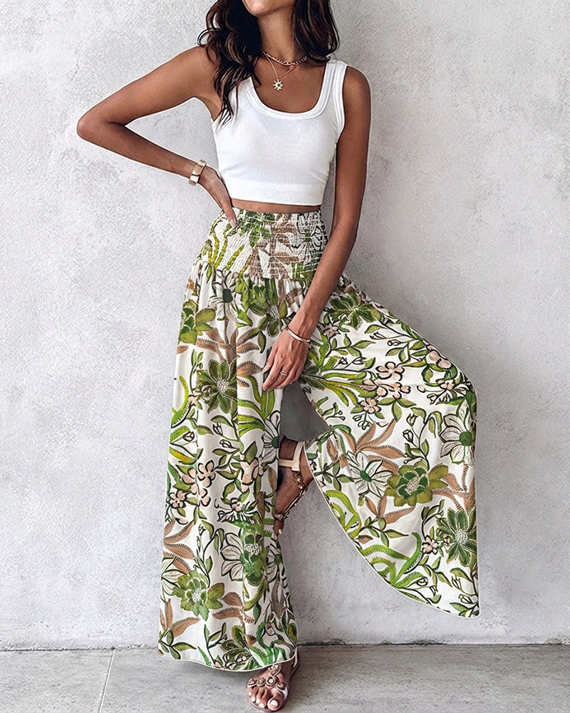 Vintage Floral Print High Waist Shirred Elastic Waist Wide Leg Pants - Image 12