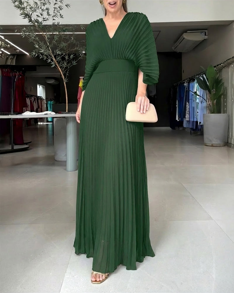 Deep V-Neck Batwing Sleeve High Waist Pleated Maxi Dress Casual Cinched Waist Backless Tied Detail Zipper Back Evening Dress - Image 4