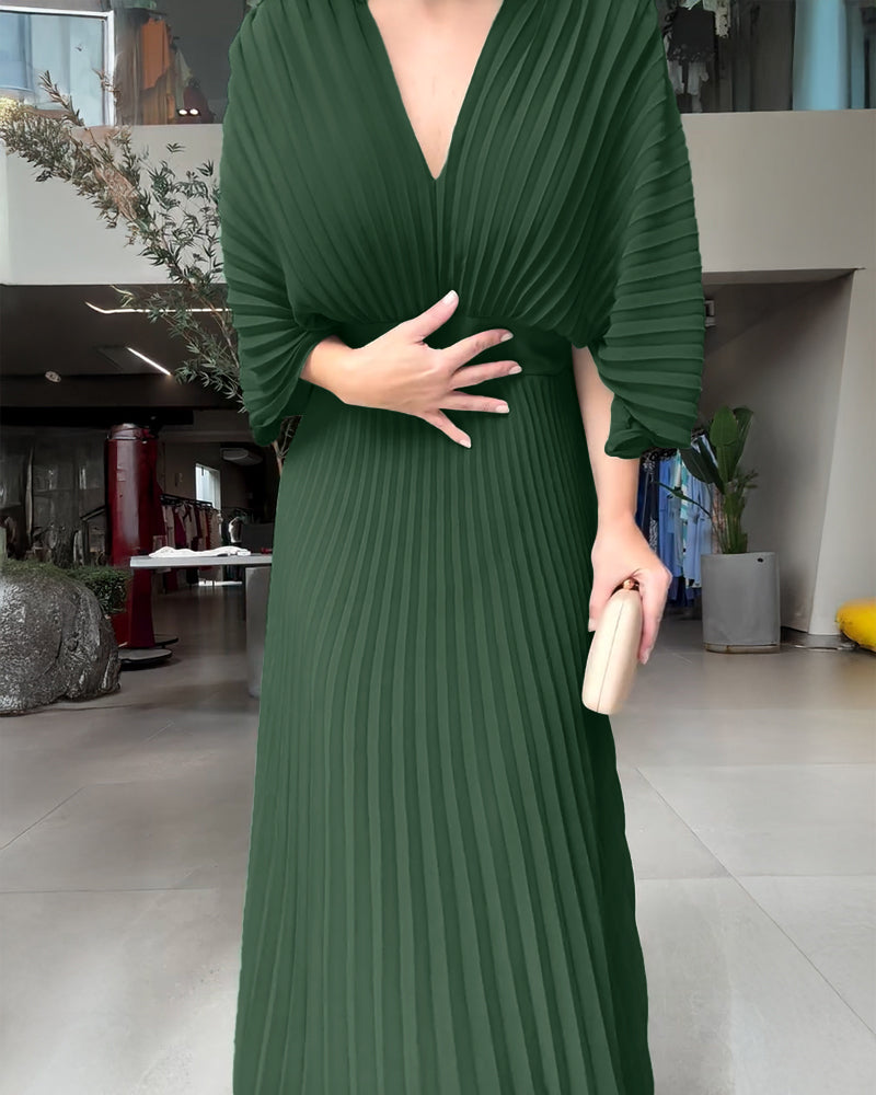 Deep V-Neck Batwing Sleeve High Waist Pleated Maxi Dress Casual Cinched Waist Backless Tied Detail Zipper Back Evening Dress - Image 5