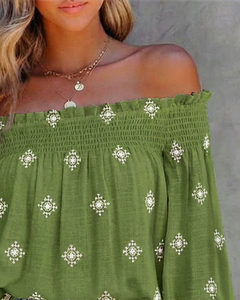 Vintage Tribal Placement Print Shirred Off Shoulder Flared Cuffs Blouse Casual Frill Trim Boho Top - Image 8