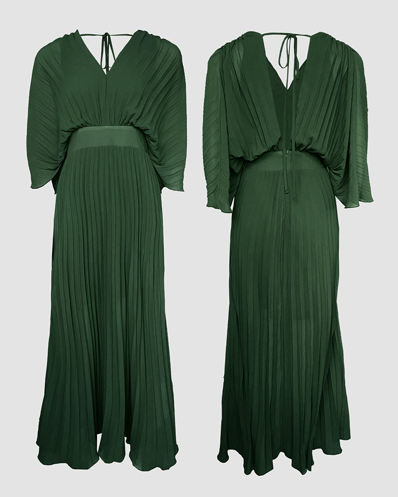 Deep V-Neck Batwing Sleeve High Waist Pleated Maxi Dress Casual Cinched Waist Backless Tied Detail Zipper Back Evening Dress - Image 6