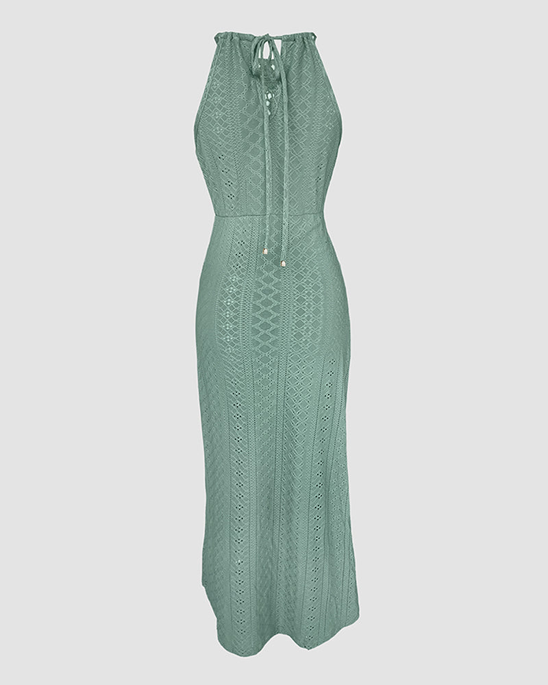 Adjustable Halter Hollow-out Back Ruched Front Slit Dress Guipure Lace Yoke Eyelet Embroidery Vacation Dress - Image 6