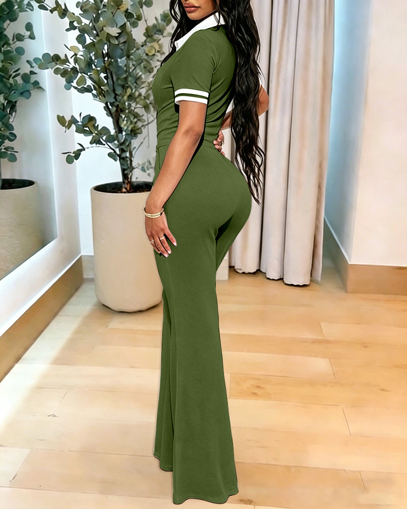 Women's Contrast Polo Neck Jumpsuit Short Sleeve Bodycon Romper Flared Leg Overalls with Snap Button Placket - Image 19