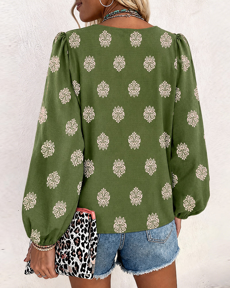Vintage Baroque Placement Print V-Neck Lantern Sleeve Blouse Casual Long Sleeve Loose Fit Boho Top - Image 2