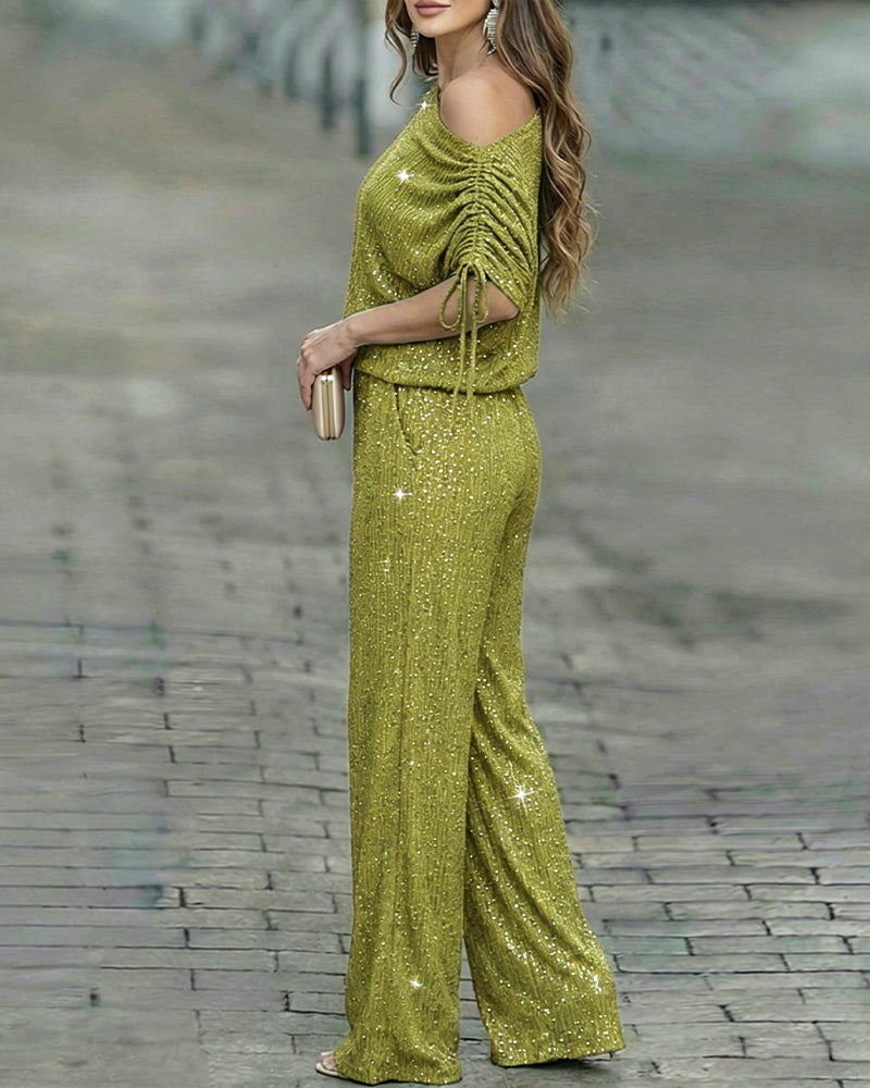 Women's Two-Piece Rhinestone Lounge Suit Skew Neck Top and Wide-Leg Pant Set Elegant Commuter Outfit with Pockets - Image 9