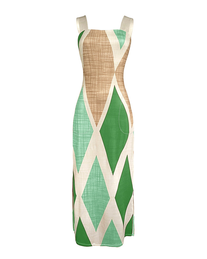 Geometric Print Square Neck Thick Strap Vacation Dress Casual Slim Fit Slit Maxi Dress - Image 13