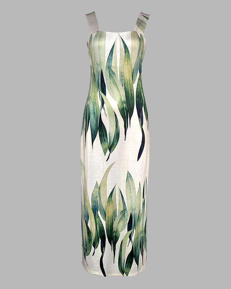 Plants Print Square Neck Thick Strap Maxi Dress Casual Slim Fit Side Slit Vacation Dress with Pockets - Image 5
