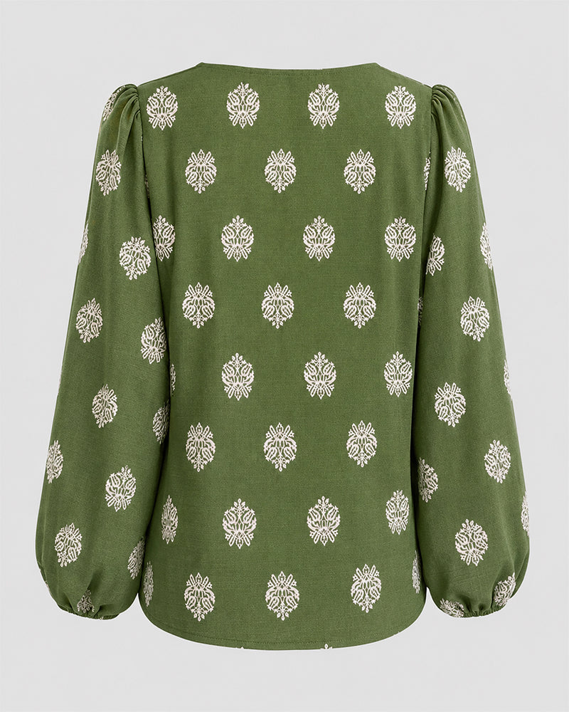 Vintage Baroque Placement Print V-Neck Lantern Sleeve Blouse Casual Long Sleeve Loose Fit Boho Top - Image 8