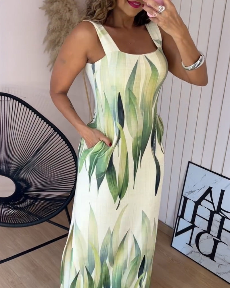 Plants Print Square Neck Thick Strap Maxi Dress Casual Slim Fit Side Slit Vacation Dress with Pockets - Image 3