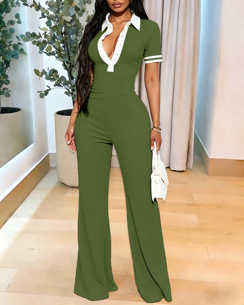 Women's Contrast Polo Neck Jumpsuit Short Sleeve Bodycon Romper Flared Leg Overalls with Snap Button Placket - Image 17
