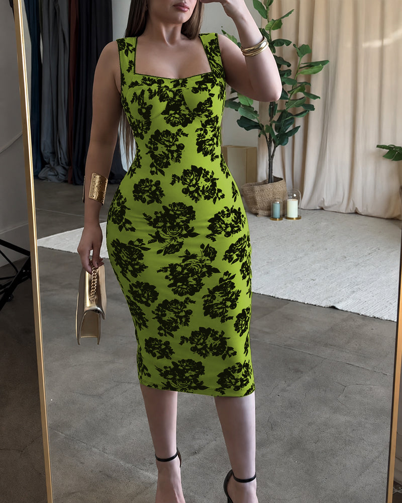 Women's Vintage Flocking Rose Midi Dress Square Neck Sleeveless Bodycon Dress Elegant Club Party Gown - Image 18