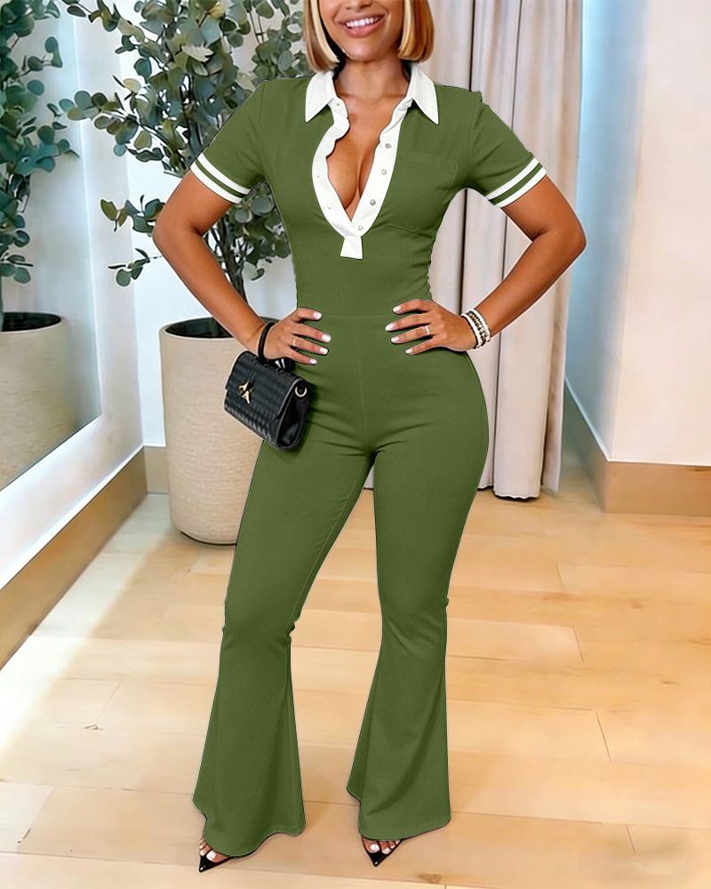 Women's Contrast Polo Neck Jumpsuit Short Sleeve Bodycon Romper Flared Leg Overalls with Snap Button Placket - Image 18