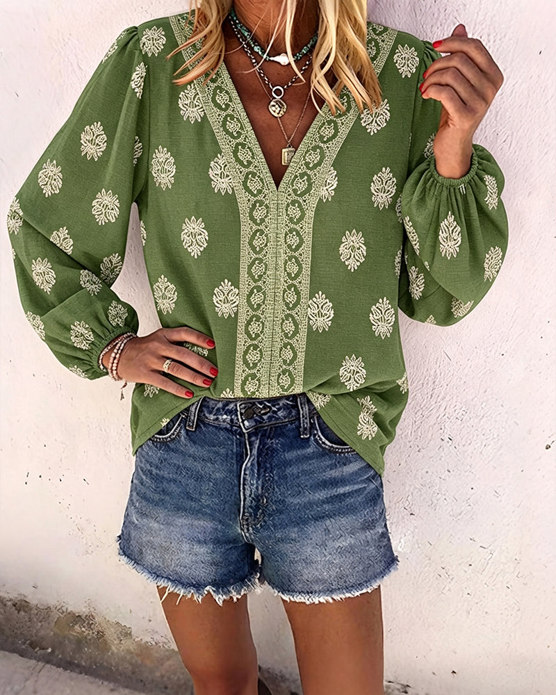 Vintage Baroque Placement Print V-Neck Lantern Sleeve Blouse Casual Long Sleeve Loose Fit Boho Top - Image 3