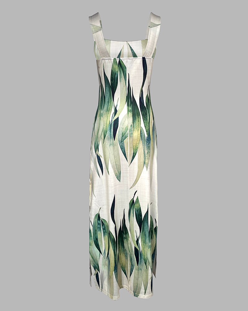Plants Print Square Neck Thick Strap Maxi Dress Casual Slim Fit Side Slit Vacation Dress with Pockets - Image 6