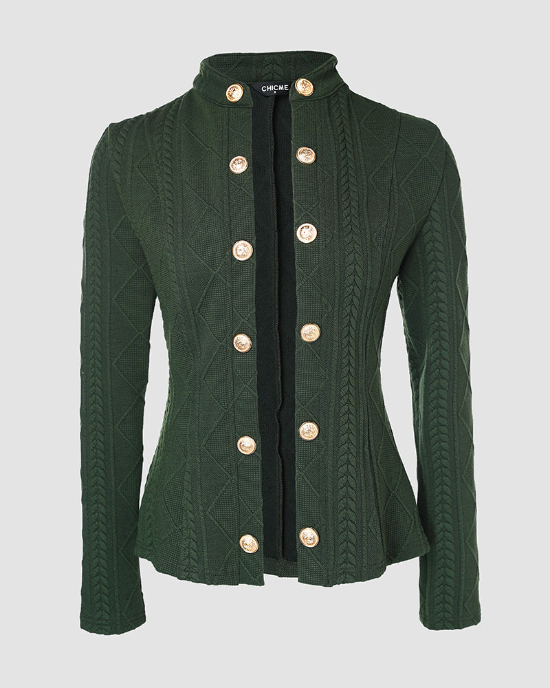 Metal Double Breasted Decor Stand Collar Argyle & Cable Textured Coat - Image 29