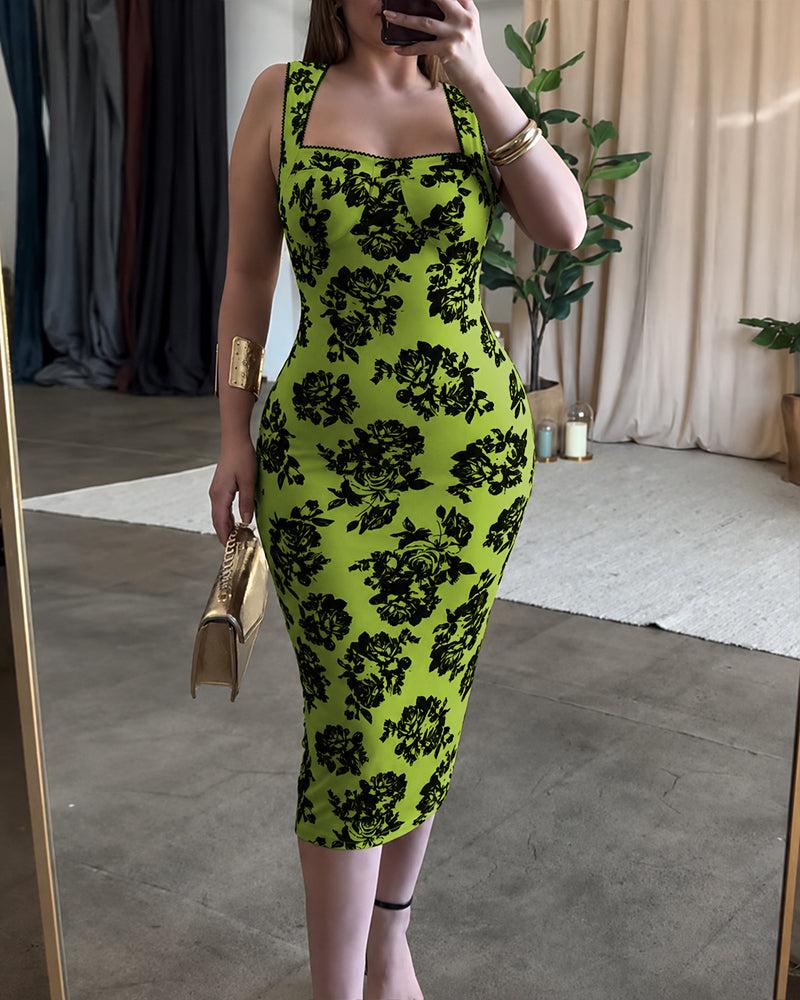 Women's Vintage Flocking Rose Midi Dress Square Neck Sleeveless Bodycon Dress Elegant Club Party Gown - Image 19