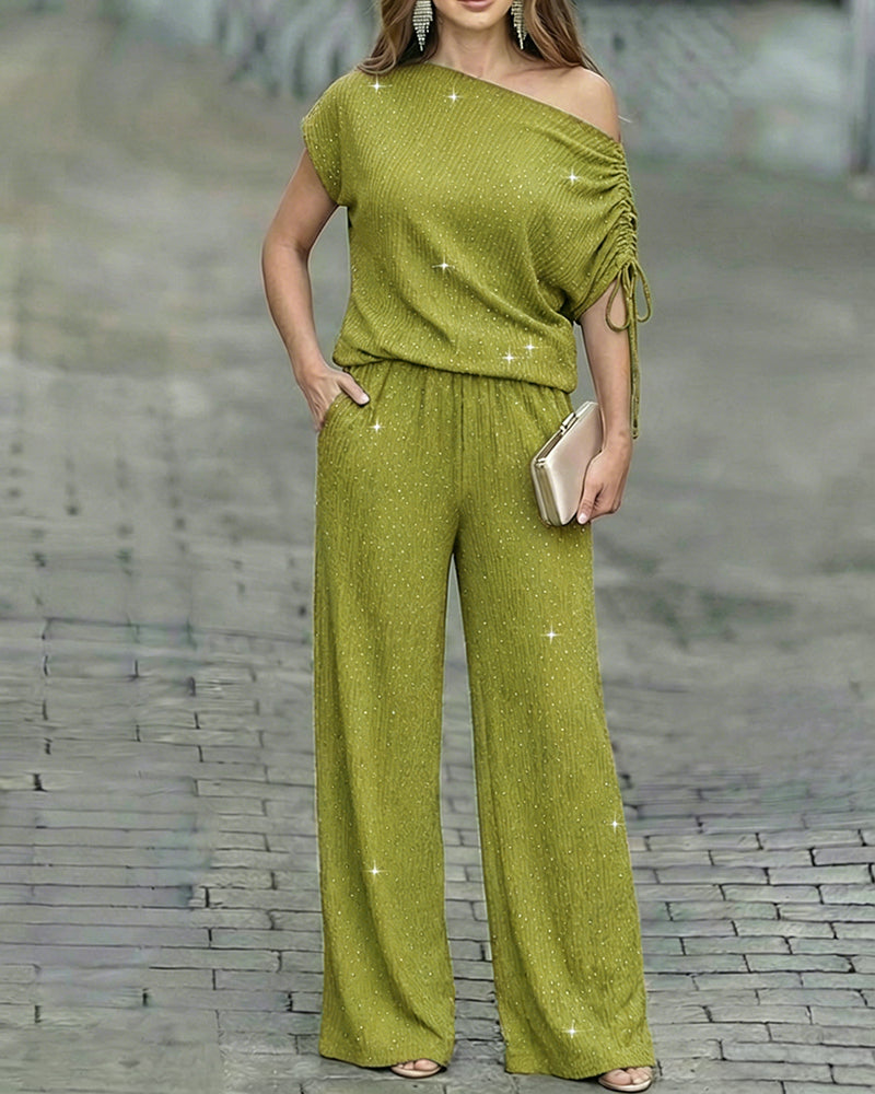 Women's Two-Piece Rhinestone Lounge Suit Skew Neck Top and Wide-Leg Pant Set Elegant Commuter Outfit with Pockets - Image 7