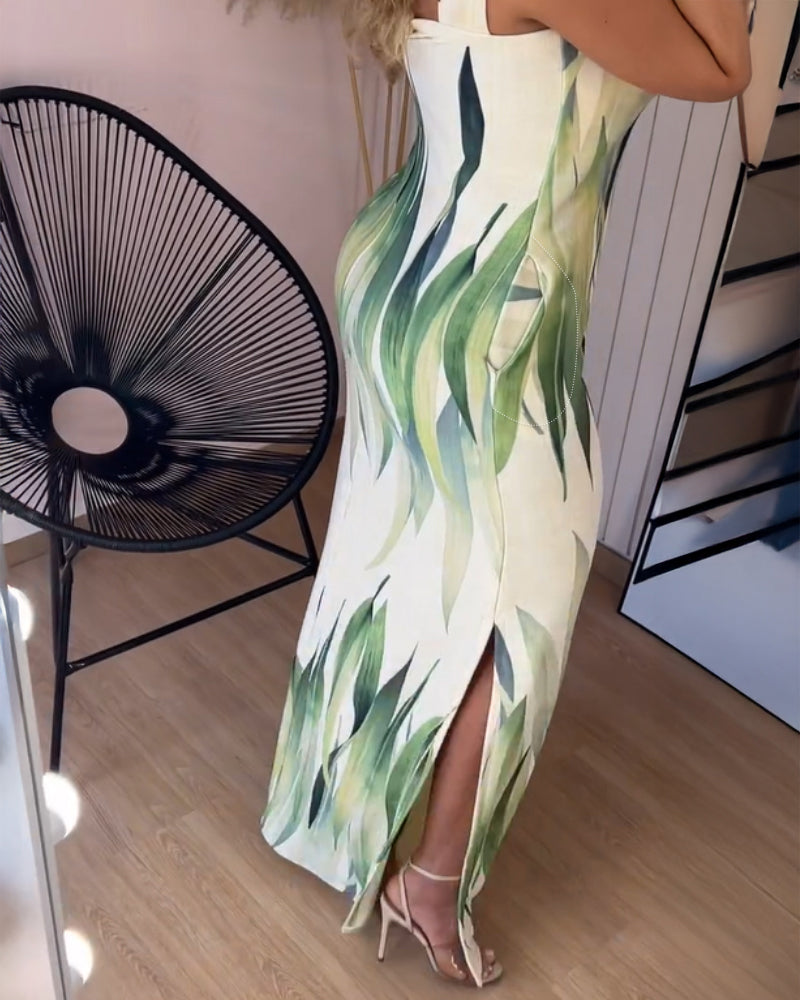 Plants Print Square Neck Thick Strap Maxi Dress Casual Slim Fit Side Slit Vacation Dress with Pockets - Image 2