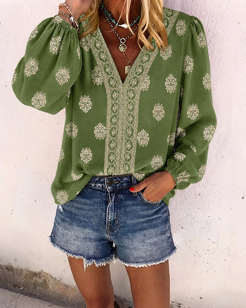 Vintage Baroque Placement Print V-Neck Lantern Sleeve Blouse Casual Long Sleeve Loose Fit Boho Top - Image 4