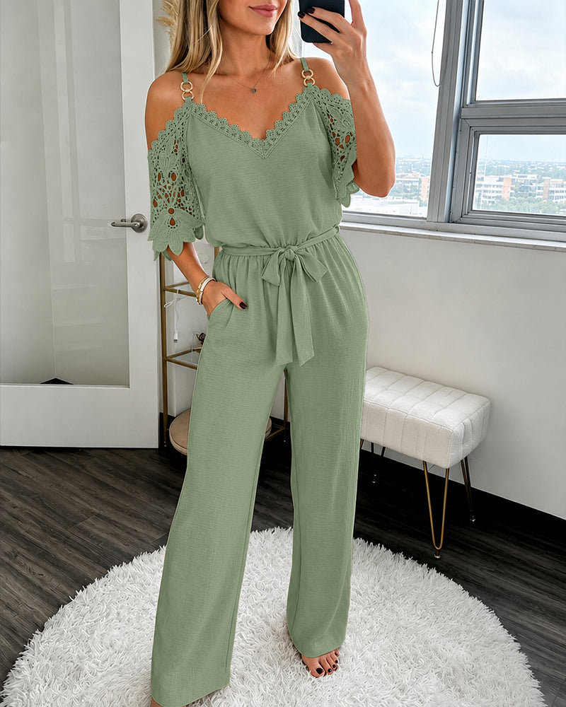 Women's Cold Shoulder Jumpsuit Gold Chain Lace Patchwork Overalls Tapered Leg Jumpsuits with Pockets & Belt - Image 19