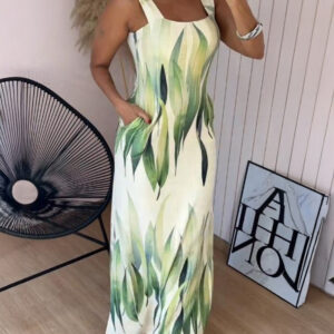 Plants Print Square Neck Thick Strap Maxi Dress Casual Slim Fit Side Slit Vacation Dress with Pockets