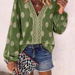Vintage Baroque Placement Print V-Neck Lantern Sleeve Blouse Casual Long Sleeve Loose Fit Boho Top